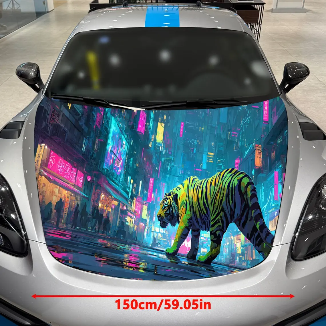 Sci-fi Style Cyber Tigers and Cities Car Cover Sticker, Auto Hood Decal, Car Exterior Scratch Resistant Decal, Trendy Gift for C