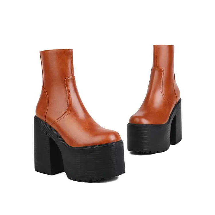 Big size Oversize Large size Round toe Thick Heel platform boots Height Increasing womens fashion boots Women shoes leather