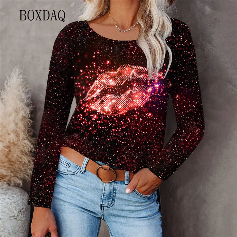 Lip Pattern Women 3d T-shirts Long Sleeve Round-Neck Tie-dye Print Street Female Tees Spring Autumn Loose Casual Tops Plus Size