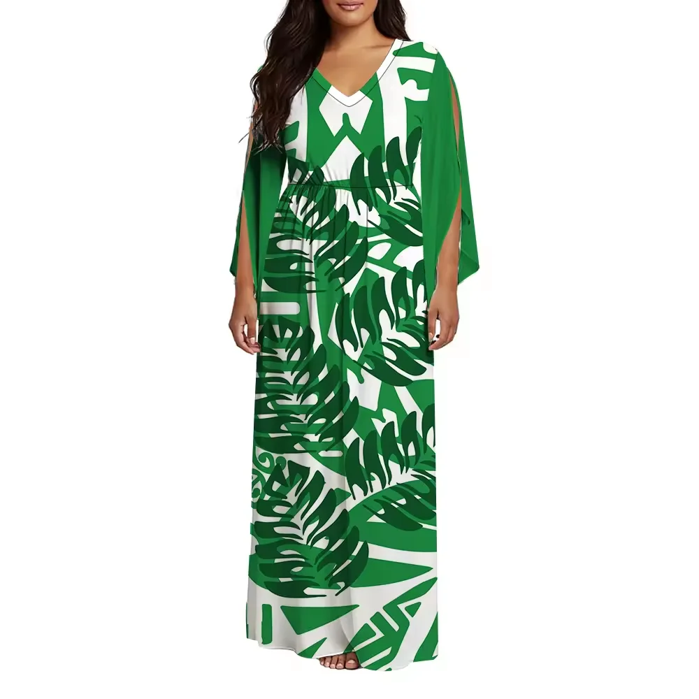 

Новое дизайнерское вечернее платье больших размеров для женщин с индивидуальным логотипом, гавайским полинезийским принтом, V-образным вырезом, разрезом на рукаве, длинное повседневное платье