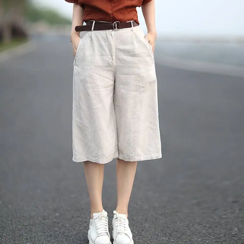 XIZOU Women's High Waist Wide Leg Cotton Linen Blend Five-Quarter Length Trousers Artistic Sle Commute Suitable Casual Pants