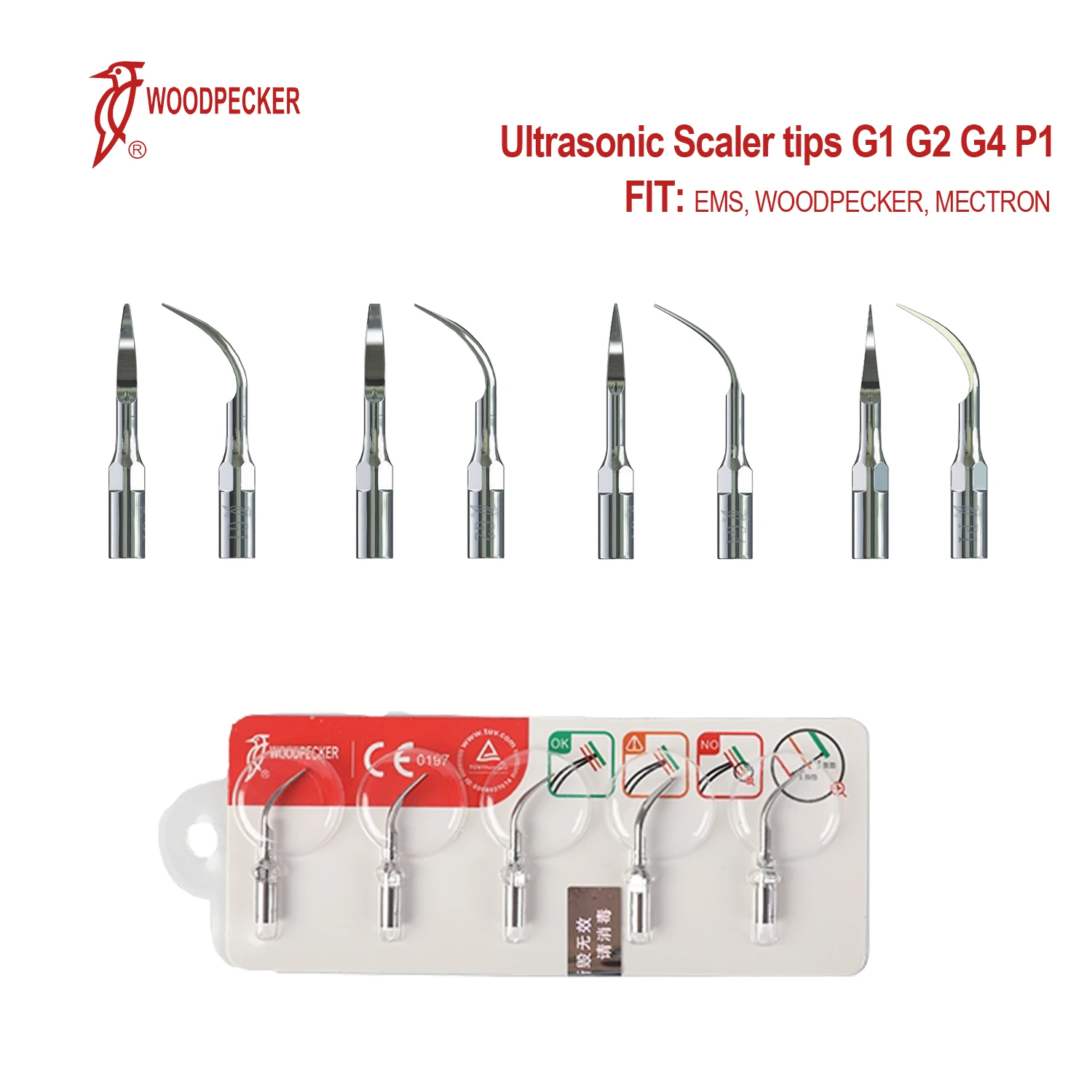 Woodpecker Ultrasonic Dental Scaler Tips G1 G2 G4 P1, Fit for EMS UDS Scaler Handpiece, 5Pcs/Pack Dentistry Instruments
