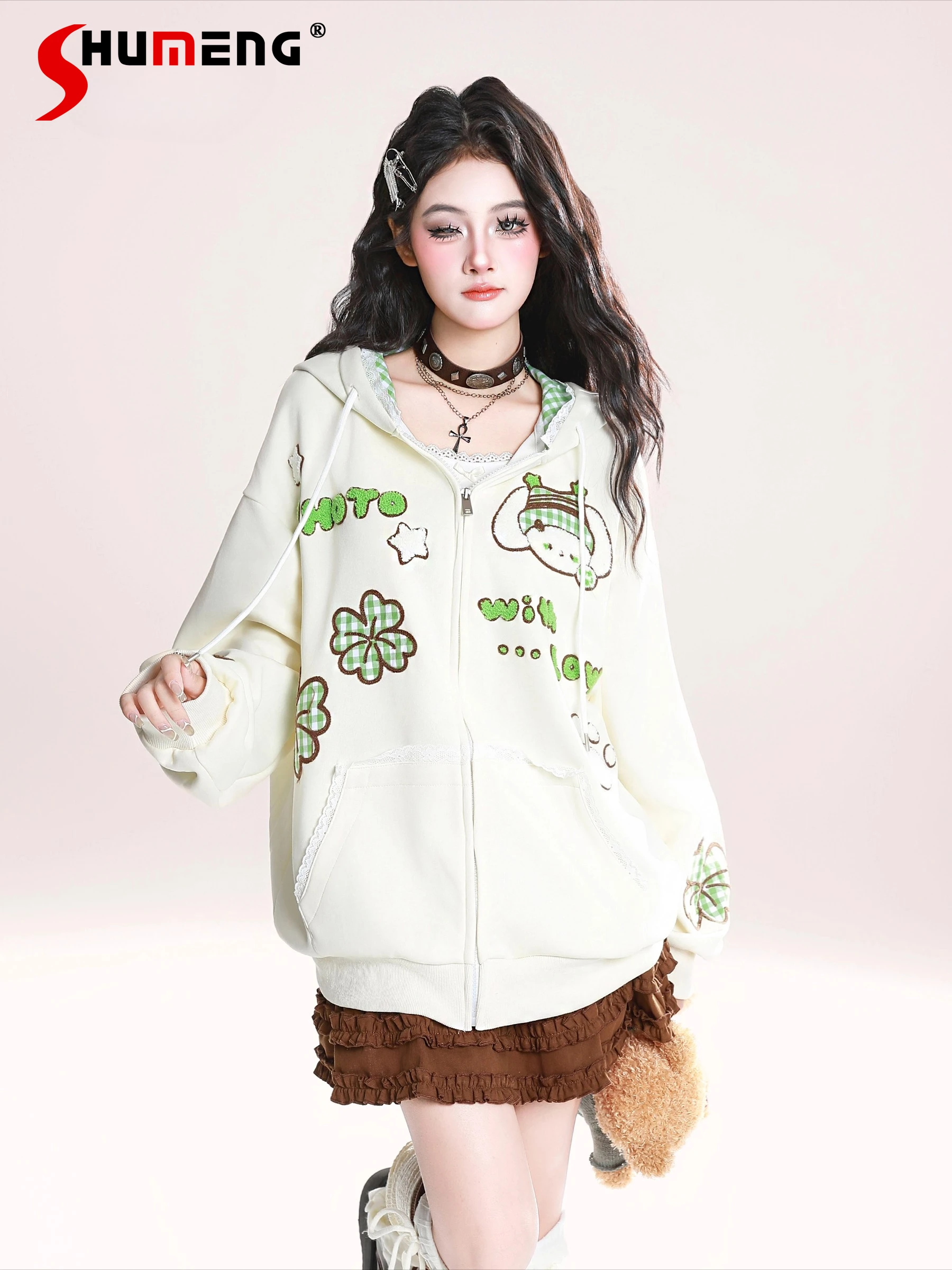 

Highstreet Sweet Cool Girl Versatile Casual Hoodies Flocked Lace Plaid Hooded Long Sleeve Zipper Loose Sweatshirts Women Autumn