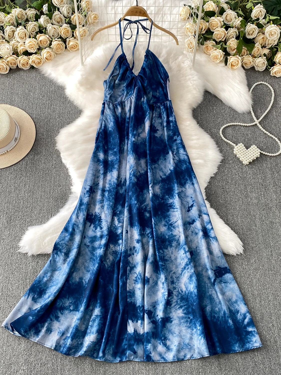 Vestido de Playa con Estilo Vacacional, Sexy, sin Espalda, con Cuello en V, Estampado Tie-Dye, E, para Mujer, Verano