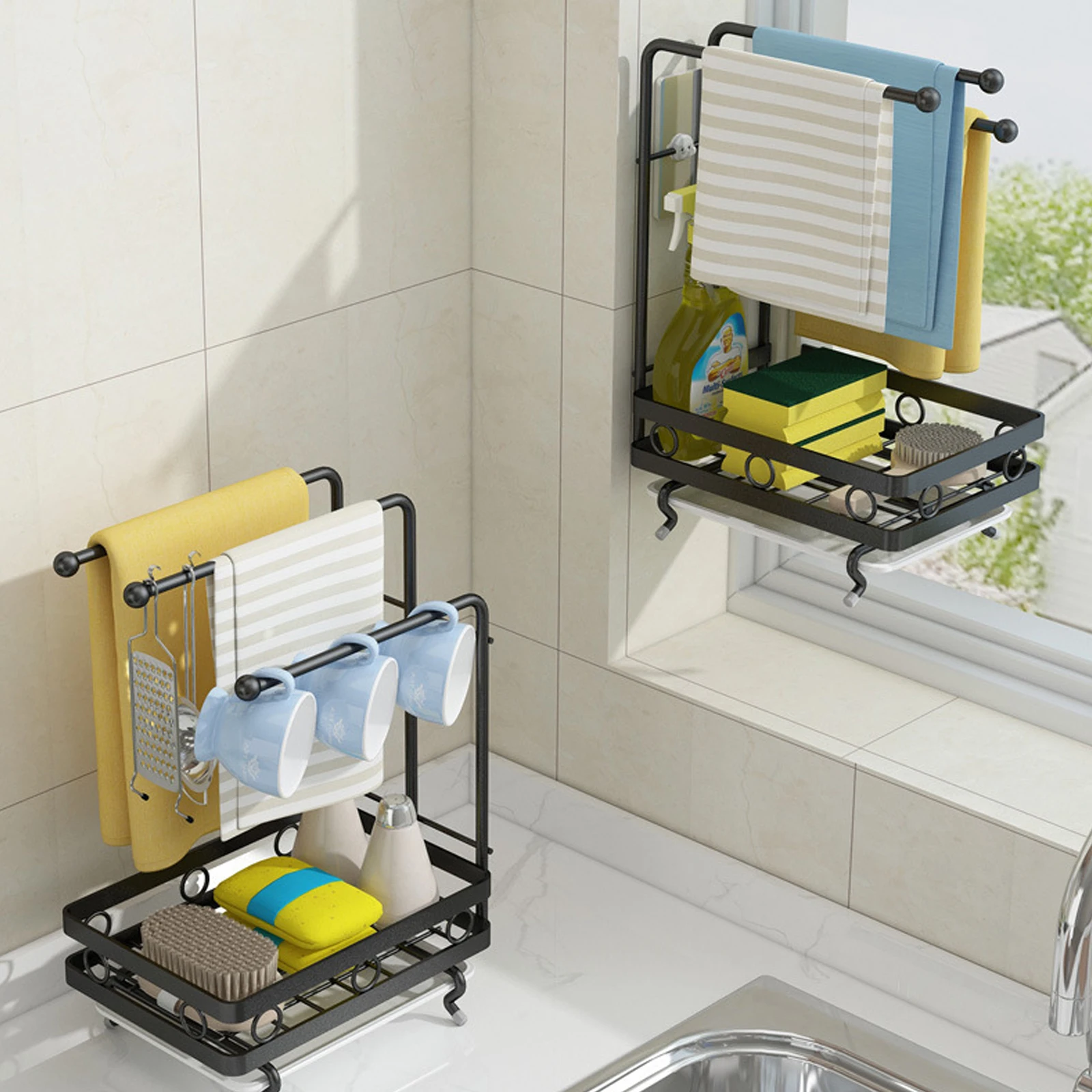 

Kitchen Rag Rack Dish with Sponge Towel Holder Tableware Multifunctional Carbon Steel Drain