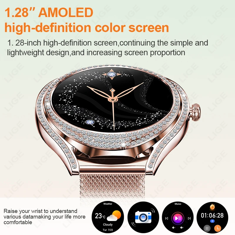 LIGE-reloj inteligente V66 para mujer, accesorio de pulsera resistente al agua IP67 con diamantes, Pantalla AMOLED de 1,28 pulgadas, Bluetooth,