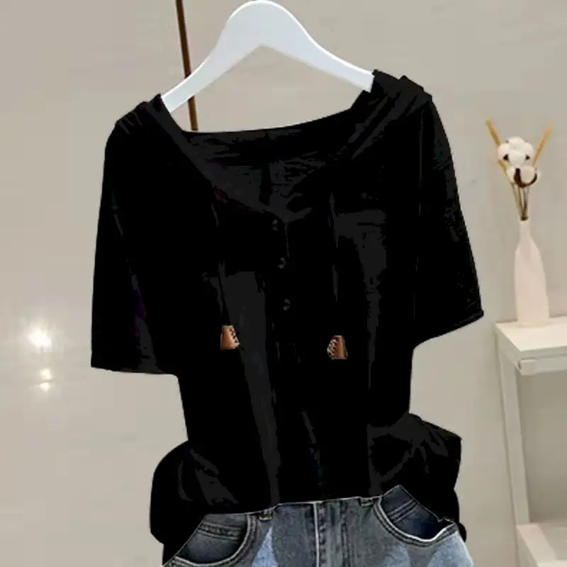 98% Cotton T Shirt Women Fashion Hooded Short-sleeved T-shirt 2024 Spring Summer Korean Style Loose Thin All-match Pullover Tops