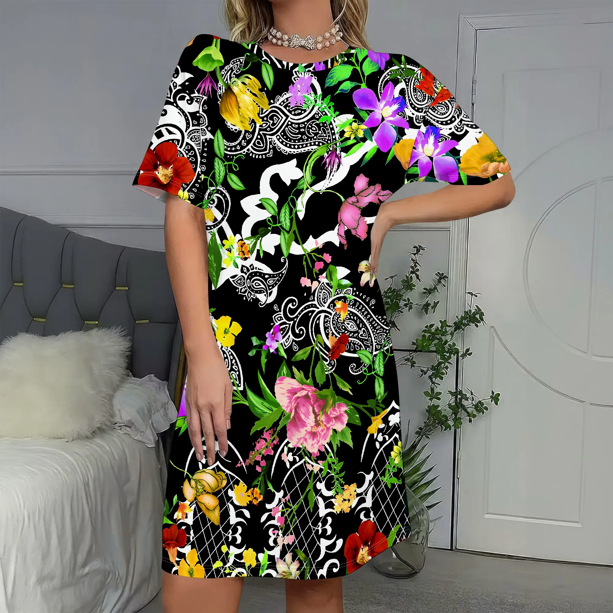 

Vibrant Floral Print Dress, Boho Chic Style, Tropical Flower Pattern, Summer Fashion, Women's Casual Wear, S-2XL