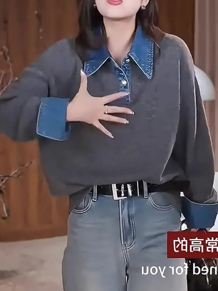 Comfortable Long Sve Denim Patchwork Design Sweater Versatile Casual Knitted Top Korean Sle Straight Cut Commute Faion
