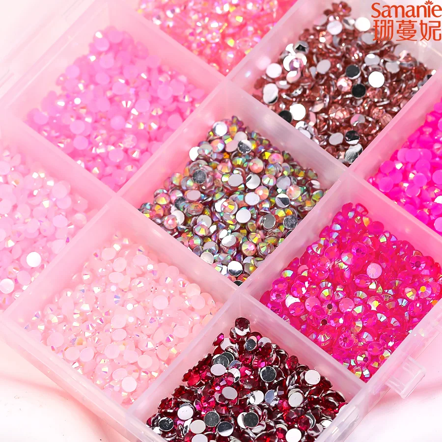 9 Grids Mixed Pink 3D Nail Rhinestone Kit, Round Flatback Aurora Crystal Gems for Nail Art & DIY Handmade Craft