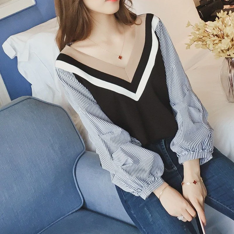 Spring Autumn New Striped Contrast Color Long Sleeve T-Shirts Women High Street Casual Loose Elegant Chic All-match Pullovers