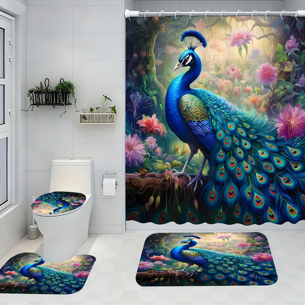 

4pc peacock bath curtain, 2D Flat Printing. Bathroom partition curtain, home decoration, modern home curtain installation
