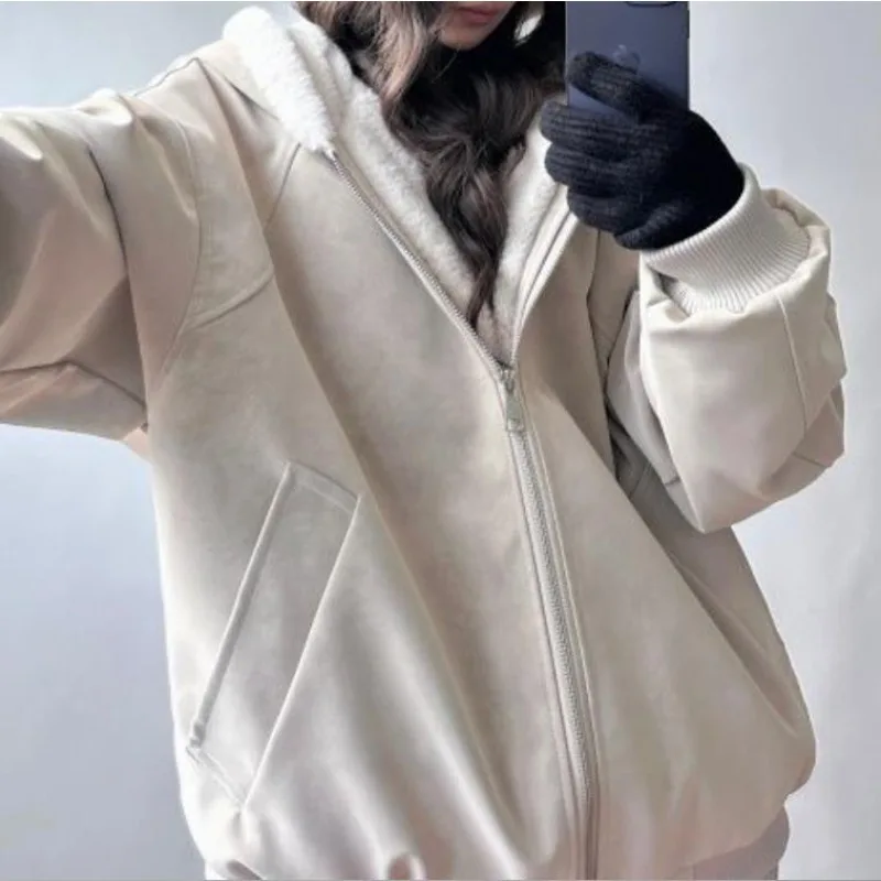 

fleece leather copy wool-collar cotton trendy both men women new winter style lychee-patterned leather hooded PU leather jacket