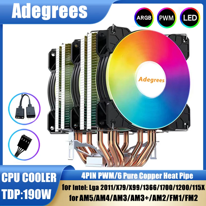 Adegrees 90MM CPU Cooler 6 Heatpipes 4PIN PWM ARGB for LGA Intel 1366 1155 1150 1151 1200 1700 2011 X79 X99 AMD AM3 AM4 AM5