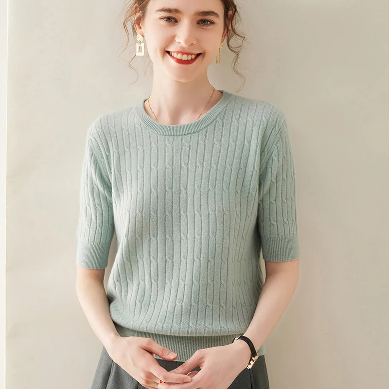 Women 100% Cashmere Sweater T-shirt 2023 New Short Sleeve Pullover Spring O-Neck Basic Jumper For Female Soft Shirt Girl Clothes