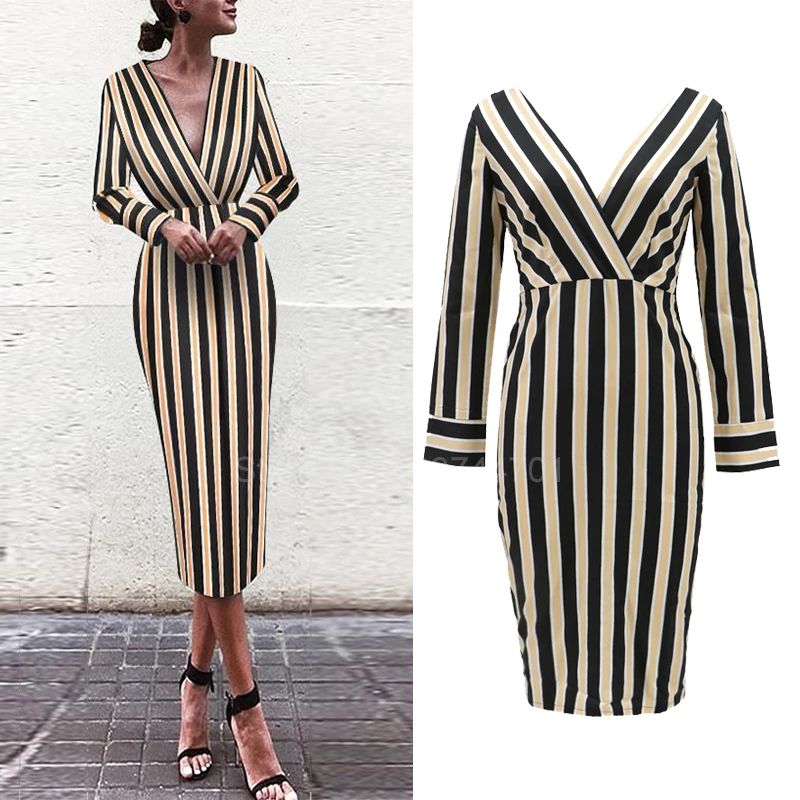 

Elegant Vintage Stripes Pencil Dress Women's Long Sleeve Spring Autumn Sheath Bodycon Dresses OL Office Party Vestidos 2024