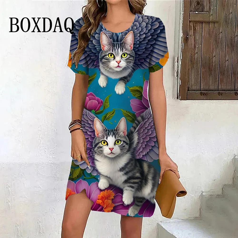 Fashion Women's Dress 3D Kawaii Humor Cat Printed Short Sleeve Trend Dresses Casual O-Neck Funny Female Oversized Loose Clothing