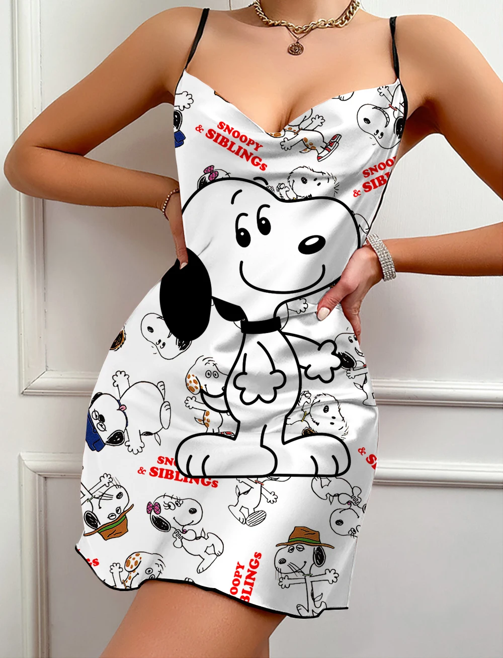 

Women's Satin Comfortable Nightdress Snoopy Print Suspender V-neck Sexy Butterfly Lace Backless Nightgown Dress