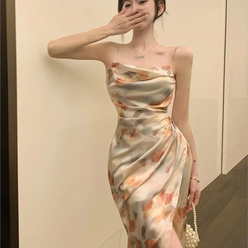 

Pure Desire Satin Printing Slip Dress Women's Elegant Backless Sheath