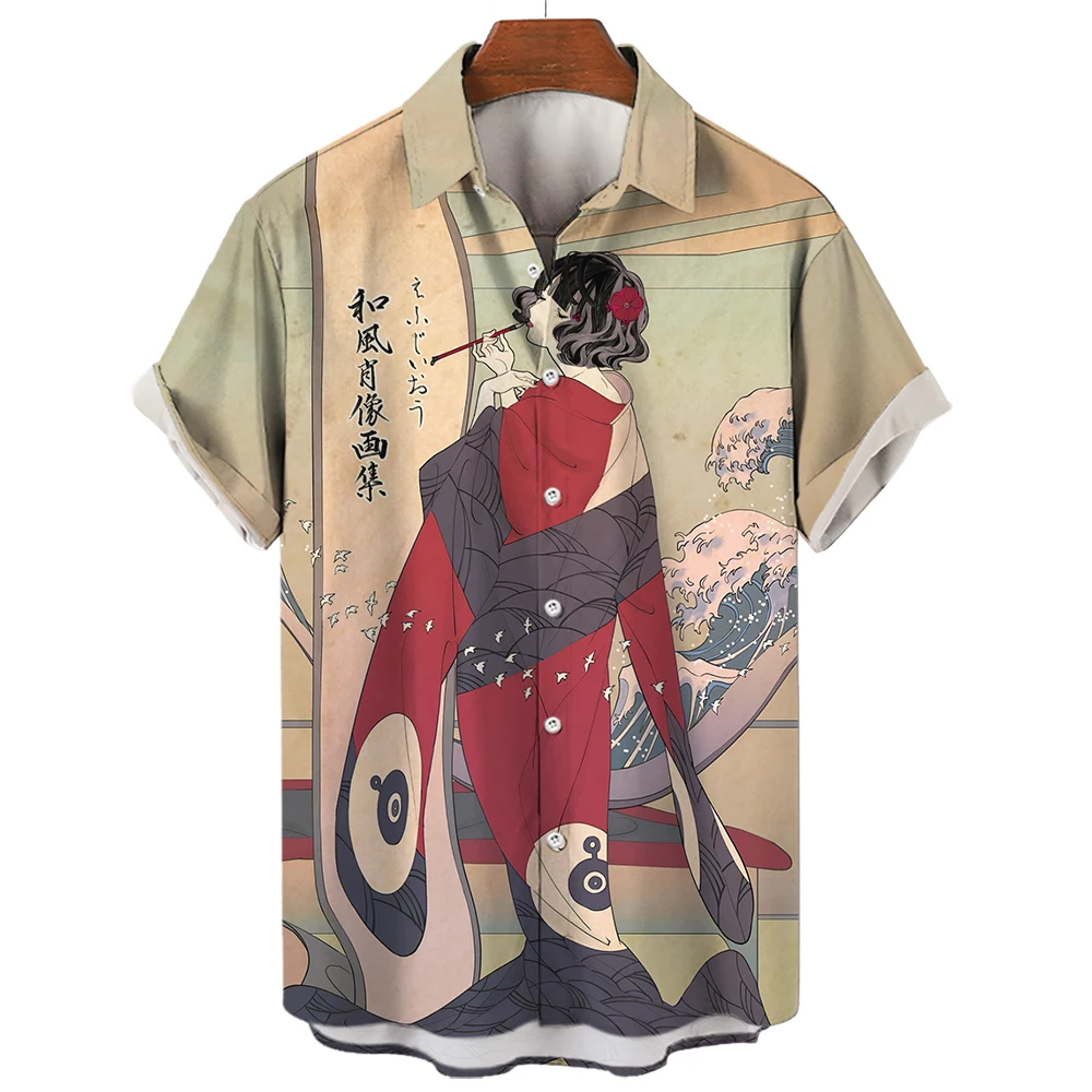 Camisa curta havaiana masculina com estampa 3D, blusa masculina, roupa casual, Yamato Geisha, Japão, moda flor, verão