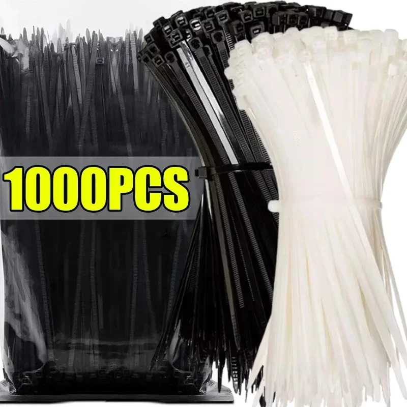 1000/100Pcs Nylon Cable Tie Plastic Self-locking Binding Tape Black White Adjustable Cables Fastening Loop Wrap Strap Cable Tie