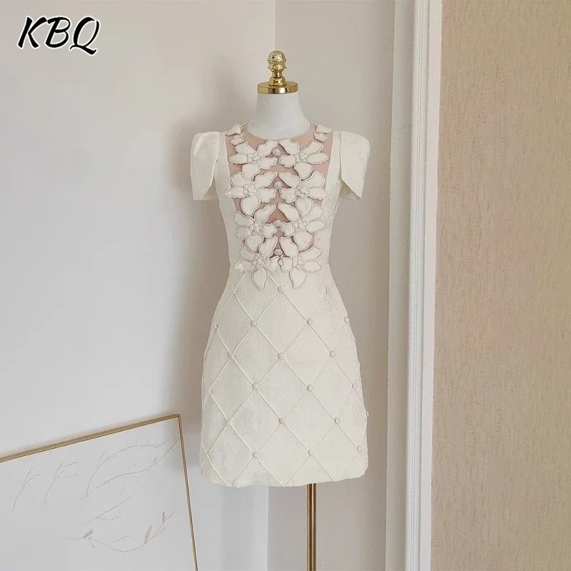 KBQ Solid Spliced Floral Slimming Temperament Slimming Dresses For Women Round Neck Short Sleeve Elegant Dress Female Style New