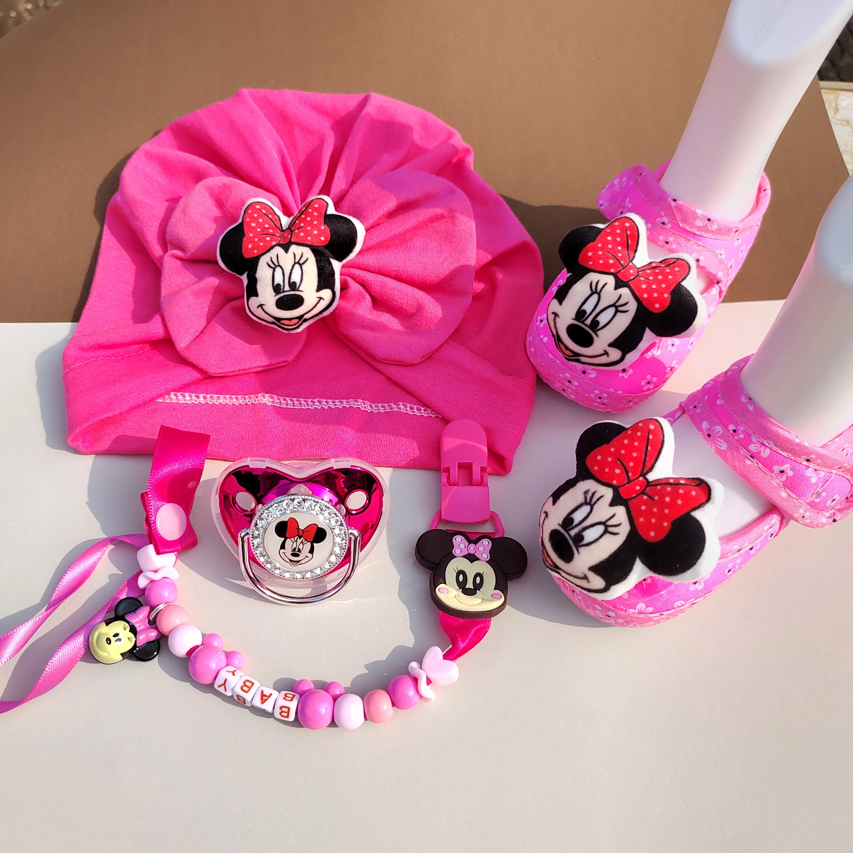 Disney-Chapeau et chaussures Minnie Mouse pour fille, tétine avec image imprimée en 3D pour bébé, cadeau de fête préChristophe fait à la main avec