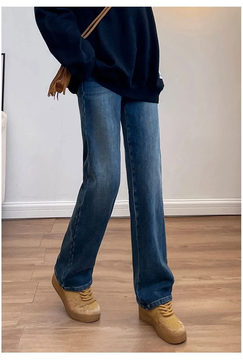 Y2k Kleidung Jeans Für Frau Hohe Taille Flare Breite Bein Hosen Gemütliche Fleece Gefüttert Lose Fit Gerade Bein Hosen Mode