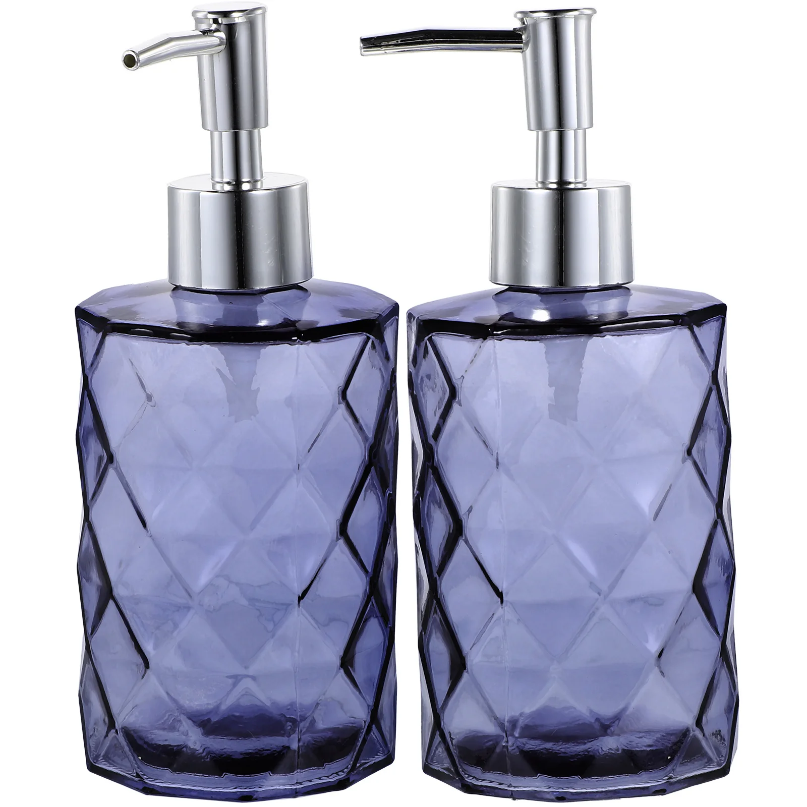

2Pcs Diamond Stripe Empty Glass Bottles Silver Pump Head Refillable Lotion Shower Soap Dispenser Shampoo Holder
