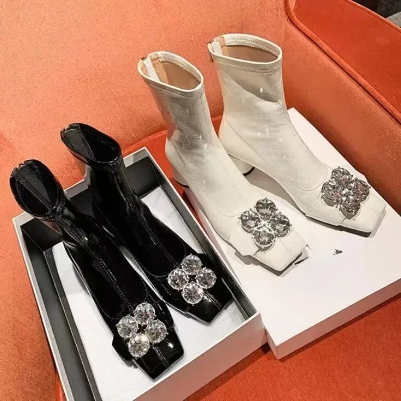 

White Chunky High Heel Booties Women Square Toe Stretch Skinny Boots Small Tall Rhinestone Square Buckle Mid-Tube Boots