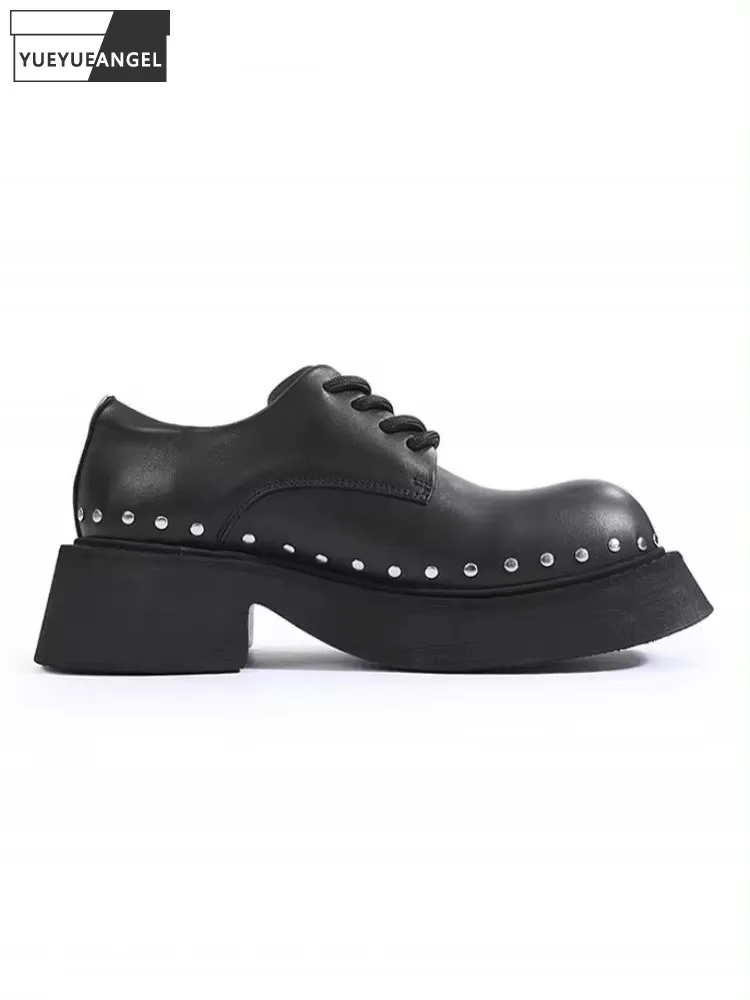 Cowskin Genuine Leather Derby Shoes Men Rivets Thick Bottom Fashion Black Dress Shoes Lace Up High Street Punk Platform Shoes