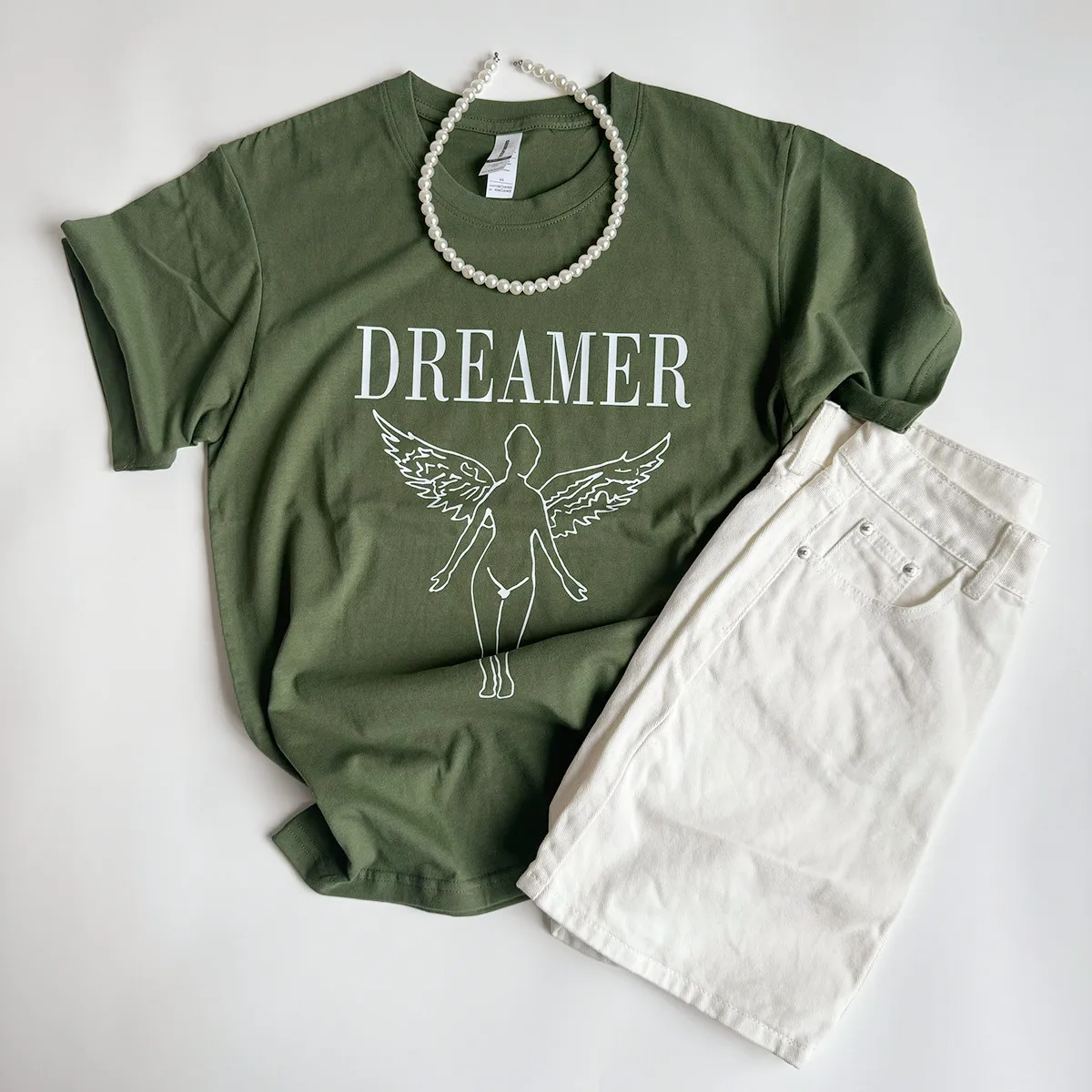 American Vintage Style Dreamer Angel Printing Graphic T Shirts Summer Short Sleeve Army Green Cotton Tops Ins Fashion Women Tees