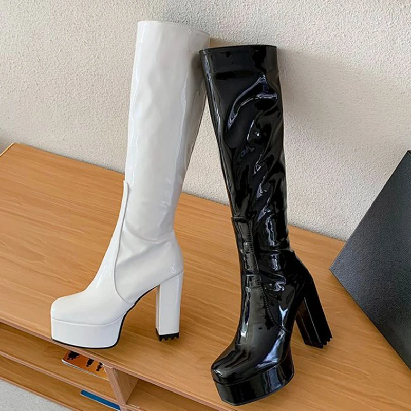 SIMLOVEYO Platform Knee High Boots Toe Block Heels Rubber Size 34-43 Black White Blue S2729