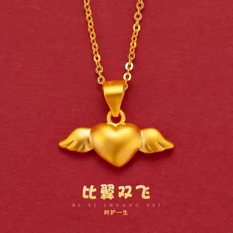 9999 Real Gold 24K Boutique Japan and Korea Fashion Women's Small Wings Love Pendant Gold Love Clavicle Necklace