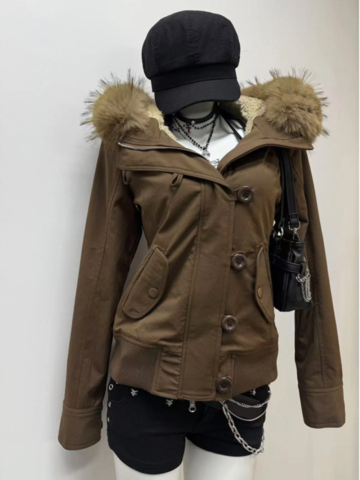 

New American Retro Coffee Brown Fce Lined Jacket Womens Winter 2025 Top Warm Cotton Blend Long Sleeves Zipper Clothes