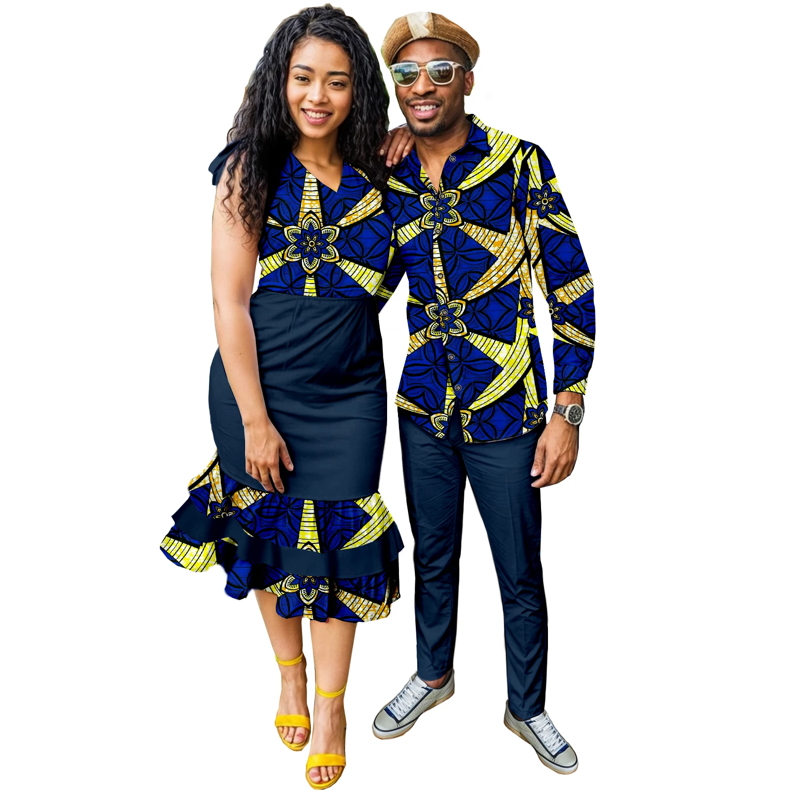 

African Couples Matching Outfits Women Print Dresses Traditional Dashiki Men Suit 2 Piece Sets Casual Everyday Wear