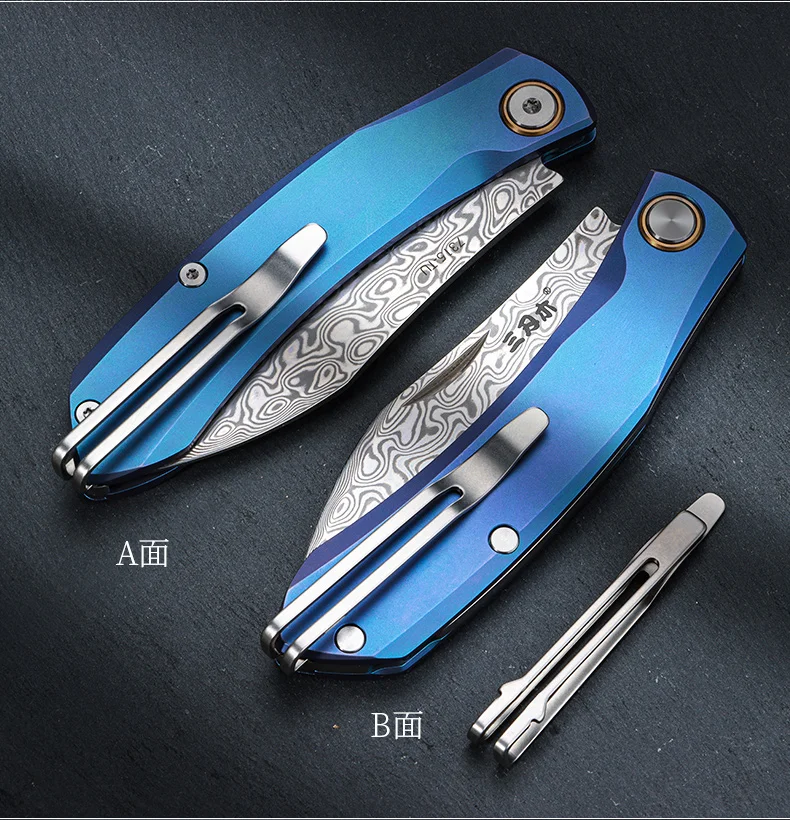 SANRENMU 7315 Outdoor camping folding knife Fruit knife Titanium Alloy Damascus steel pocket KNIFE EDC self-defense knife