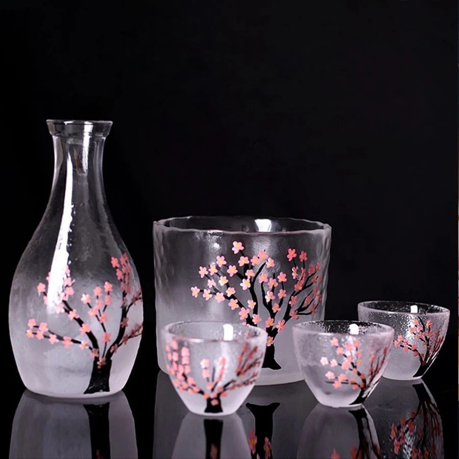 Juego de 6 unidades de ollas para sake de estilo japonés, juego de artículos para vino con diseño de flor de ciruelo, olla para vino caliente, juego de copas de vino blanco pequeño para el hogar