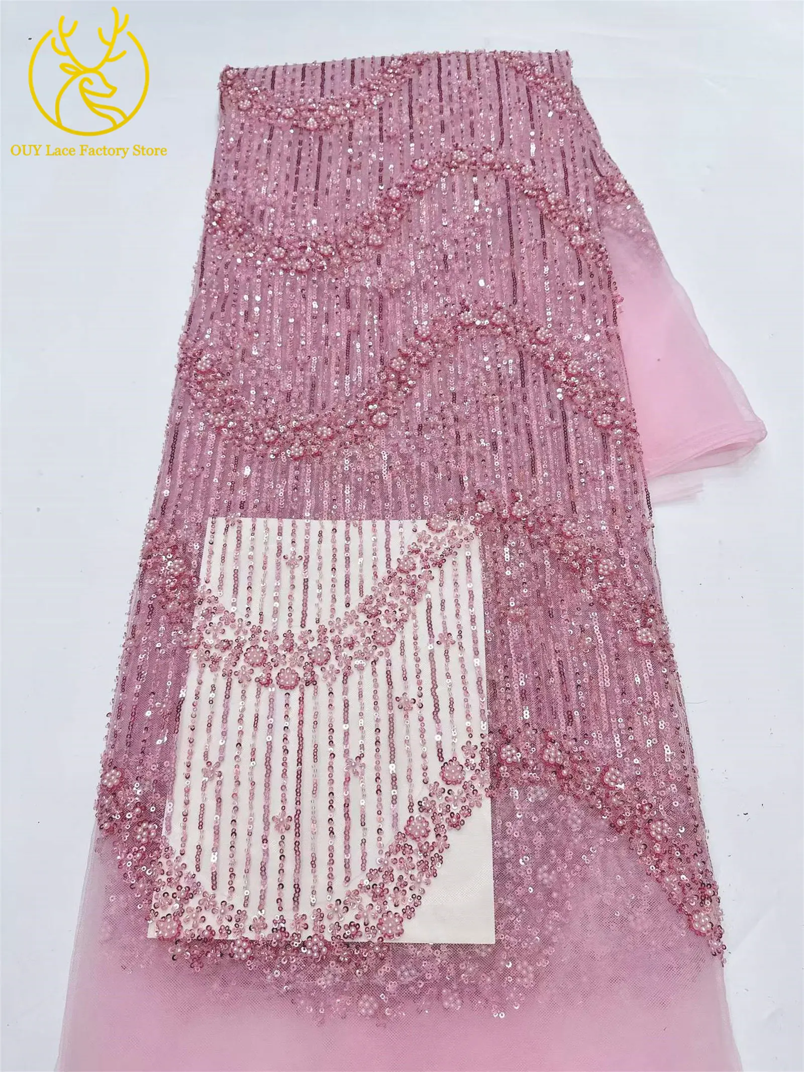 5 Yards Afrikanischer Bräutigam-Perlen-Tüll-Spitzenstoff Rosa Eleganter Nigerianischer Pailletten-Perlen-Netzstoff zum Nähen von Hochzeits- und Partykleidern – Detail 6