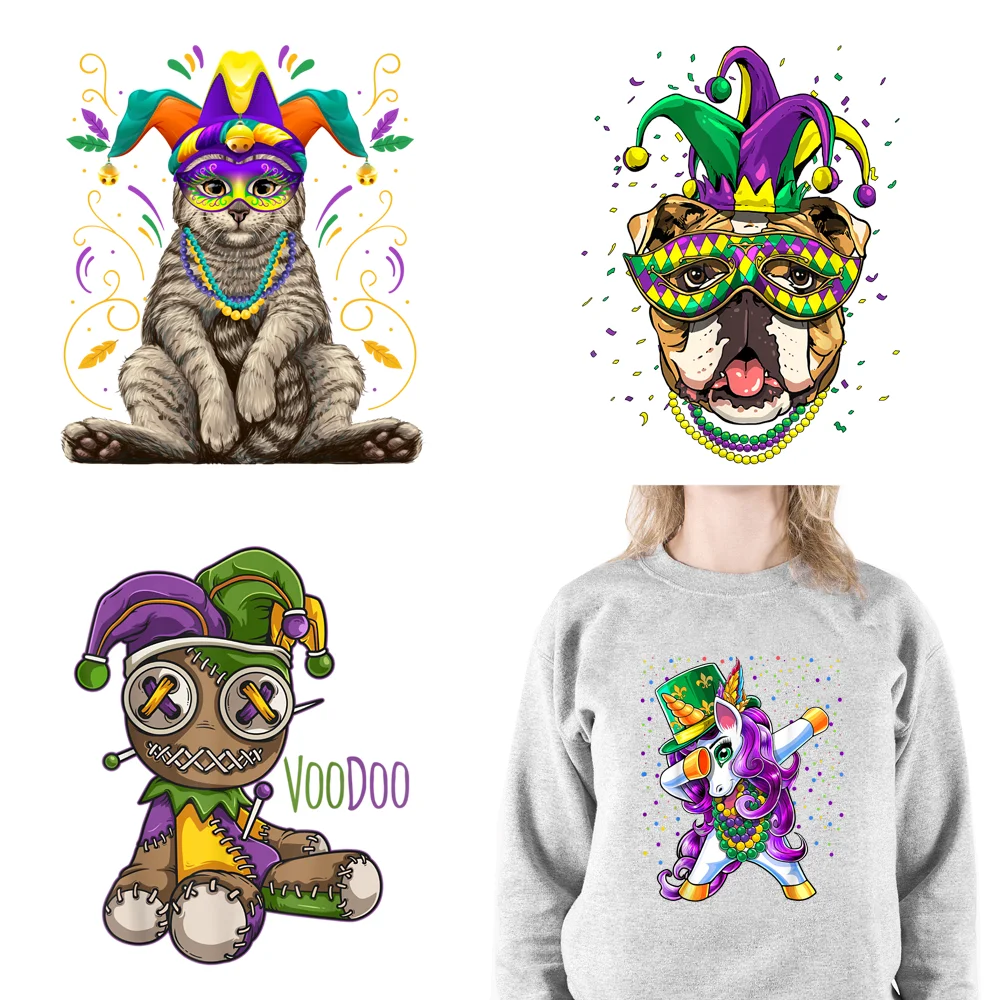 Cool Mardi Gras Printing Patches Iron On Beads & Bling DTF Festival Heat Transfers Stickers Ready To Press For Shirts