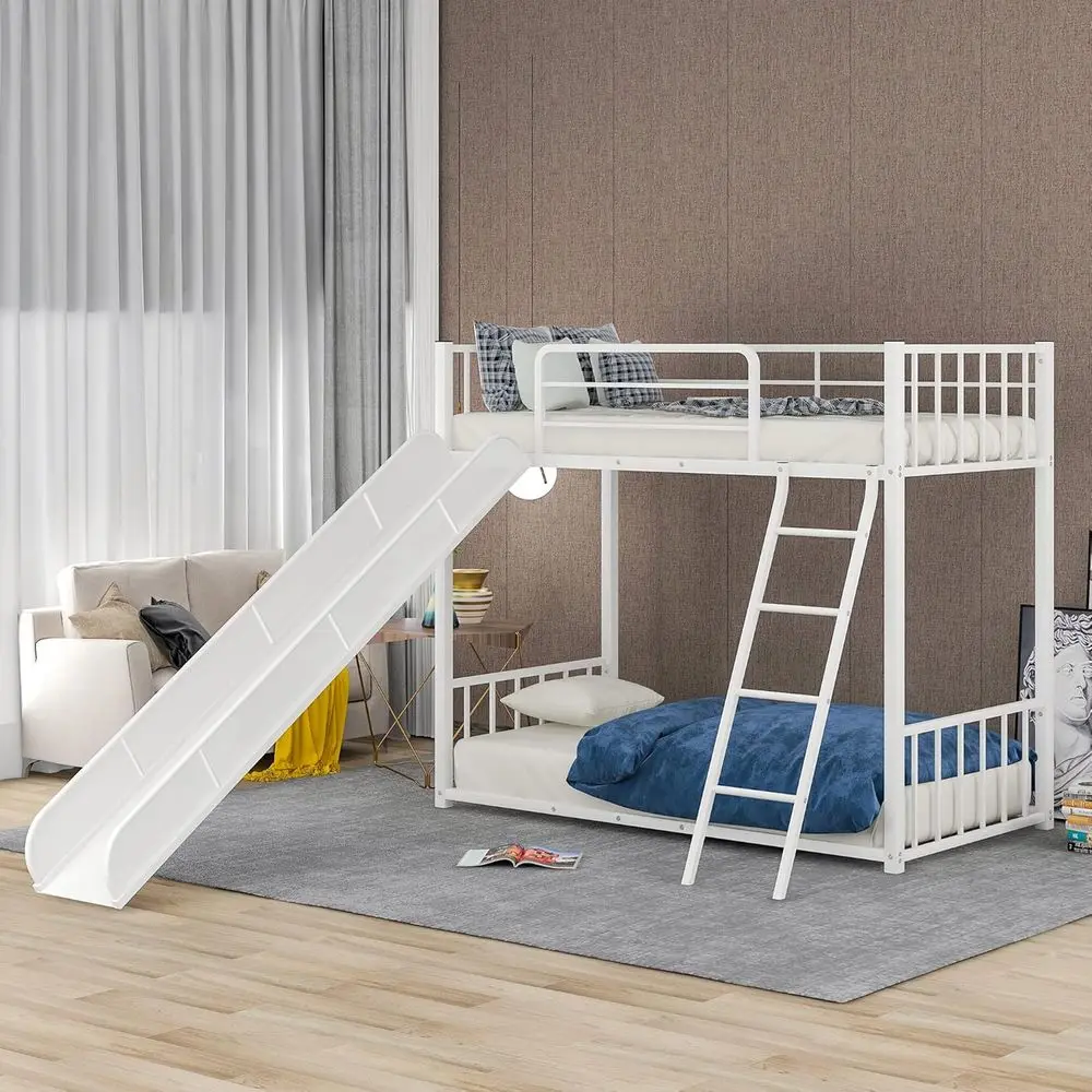 

Twin Over Twin Metal Bunk Bed with Ladder, Slide, and Safety Rails, Black