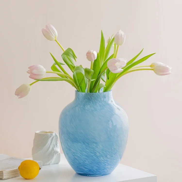 

Retro big-bellied glazed vase, cloud blue glass, living room semi-natural entrance flower arrangement