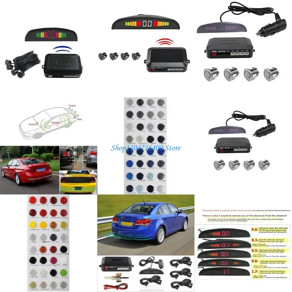 

y1gd Car Backup Vehicle Radar-Reversing Parking System with 4 Sensors Buzzing Alert Sound Warning LED Display View