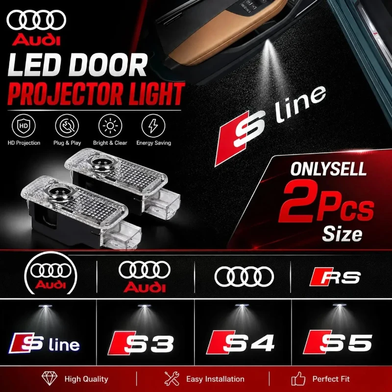 

2Pcs LED Car Door Projector Light for AUDI A1 A3 A4 A5 A6 A7 A8 Q3 Q5 Q7 S3 S4 S5 S6 RS Quattro Welcome Ghost Shadow
