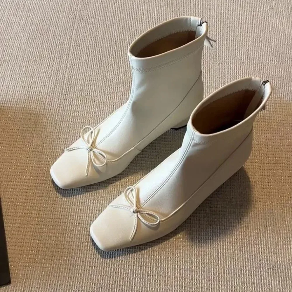 Women Slim Short Boots Back Zipper Closure Effect Elegant Fashionable Women Boots Low Heel Boot Bow Decoration Women Boot