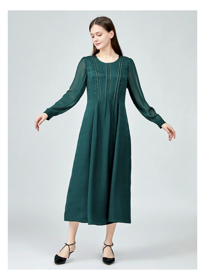 100% Real Silk Jacquard O-Neck Long Sleeve Dresses Bright Line Decoration Refreshing Wild Malachite Green Long Dress AE1265