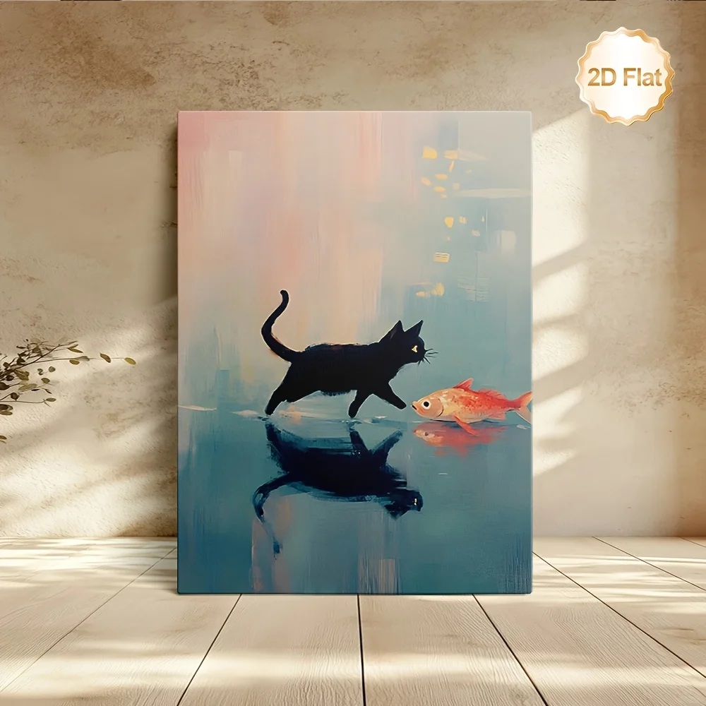 (No frame)2D Flat, 1pc, Framed 2D Canvas Print, Black Cat Chasing Goldfish Under Pink Blue Sky, Suitable for Living Room, Bed
