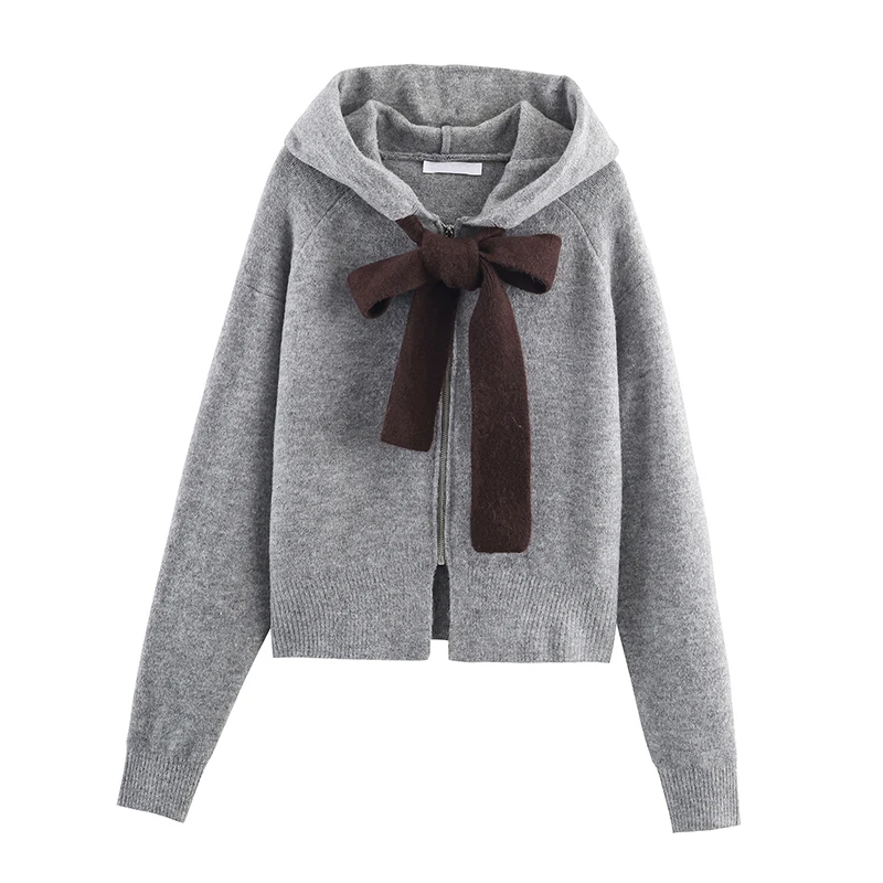 YENKYE Contrasting Bow Gray Knit Hooded Sweatshirt For Women Front Button Long Sleeve Autumn Winter Casual Outerwear