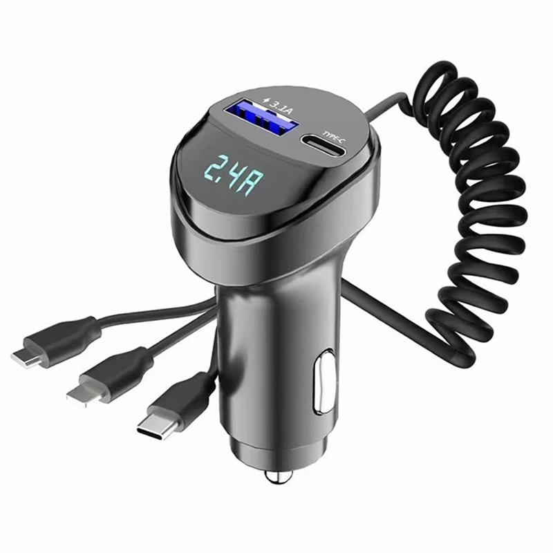 2-Port USB Fast Car Charger With 3.1A Output And Voltage Display, 3-in-1 Retractable Cable For Vehicles