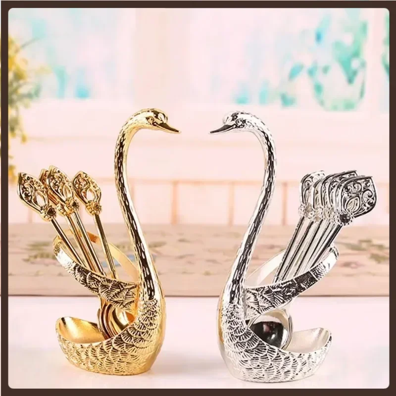 

Ice Cream Cake Coffee Tea Stirring Spoons Dessert Swan Holder Cutlery Spoons Set Cutlery Kitchen Tableware 1 Set of 7 Pieces